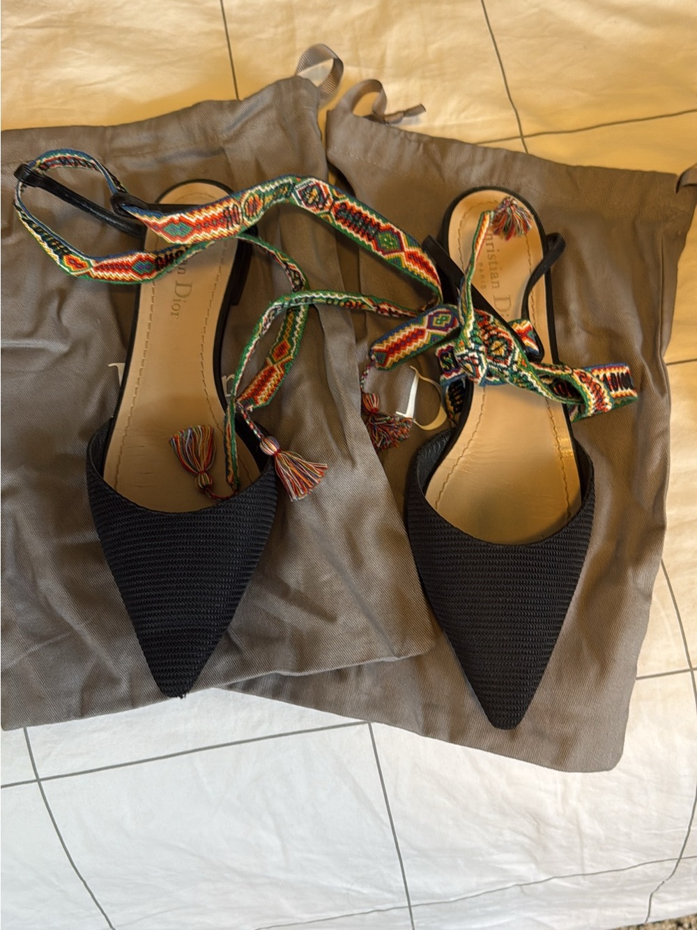 Dior Black Pointed-Toe Heels with Multicolor Woven Straps